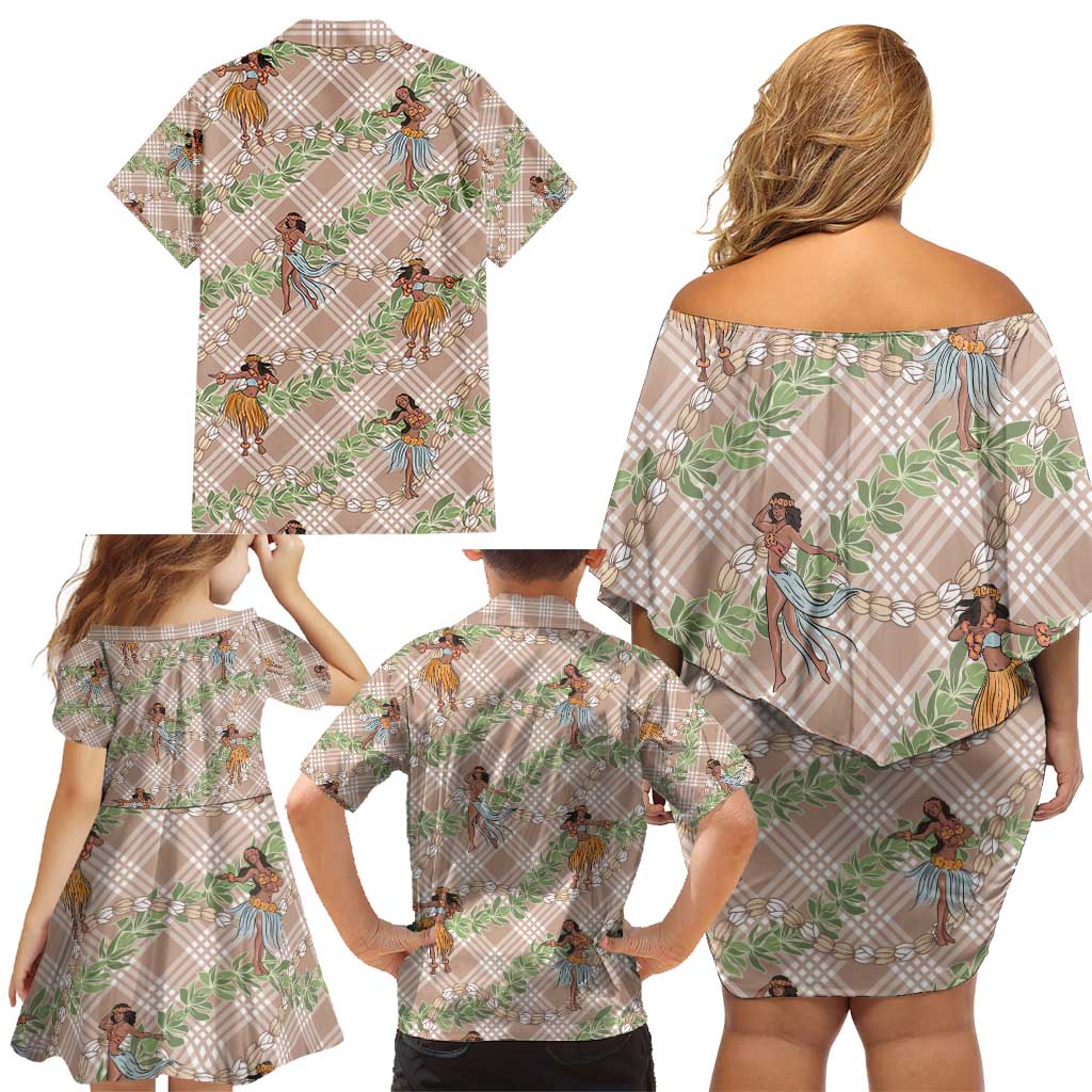 Beige Palaka Hula Girls Seamless Hawaii Aloha Family Matching Off Shoulder Short Dress and Hawaiian Shirt - Polynesian Pride