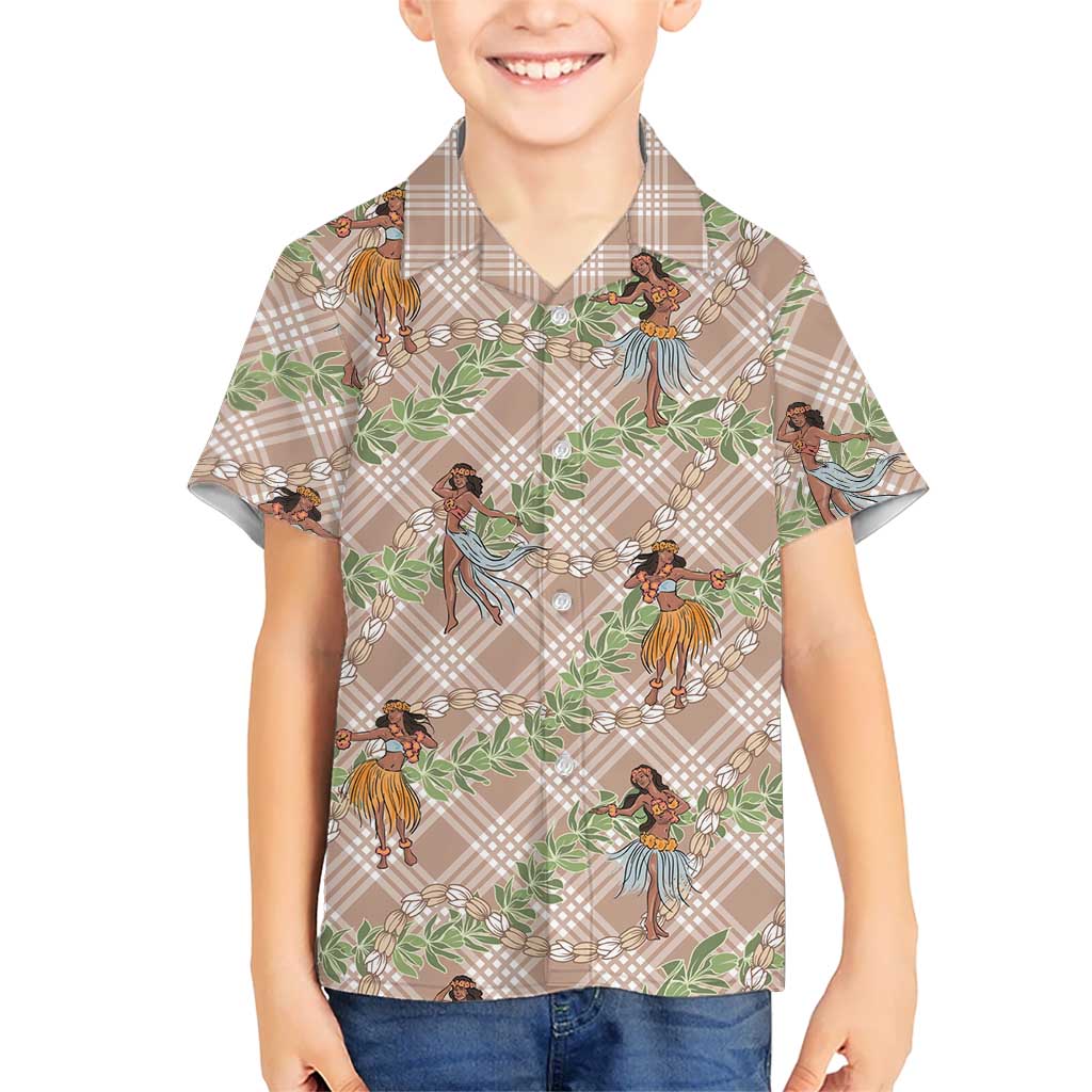 Beige Palaka Hula Girls Seamless Hawaii Aloha Family Matching Puletasi and Hawaiian Shirt - Polynesian Pride