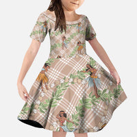 Beige Palaka Hula Girls Seamless Hawaii Aloha Family Matching Short Sleeve Bodycon Dress and Hawaiian Shirt - Polynesian Pride