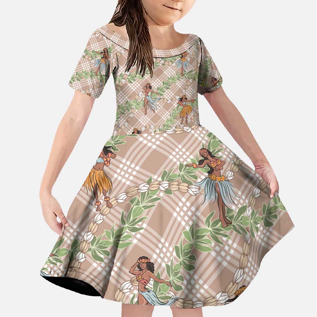 Beige Palaka Hula Girls Seamless Hawaii Aloha Family Matching Tank Maxi Dress and Hawaiian Shirt - Polynesian Pride