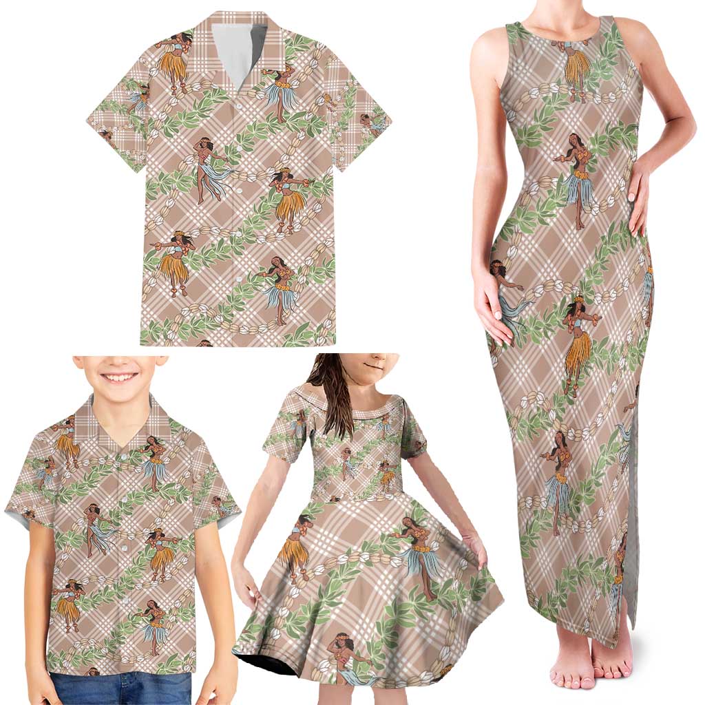 Beige Palaka Hula Girls Seamless Hawaii Aloha Family Matching Tank Maxi Dress and Hawaiian Shirt - Polynesian Pride