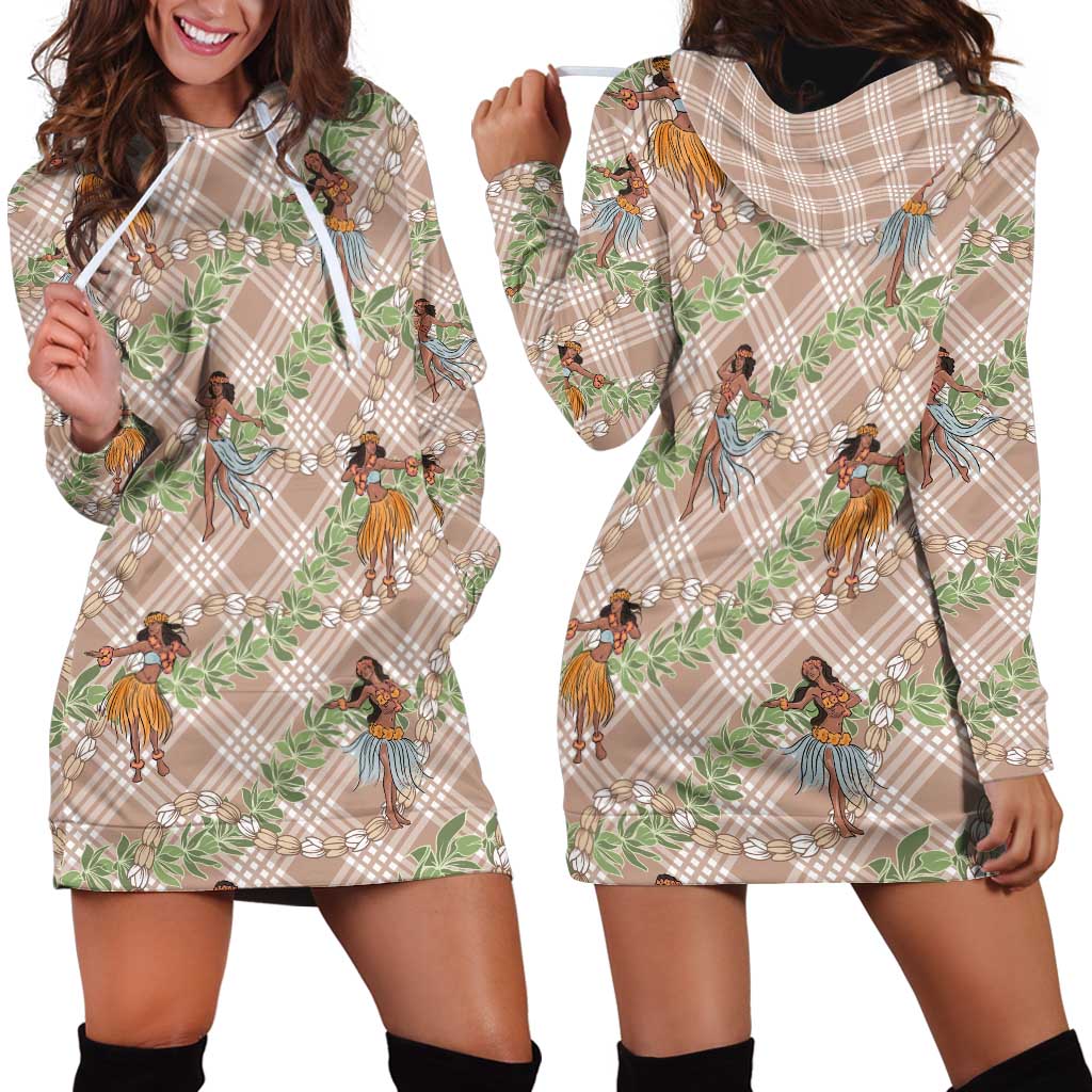 Beige Palaka Hula Girls Seamless Hawaii Aloha Hoodie Dress - Polynesian Pride