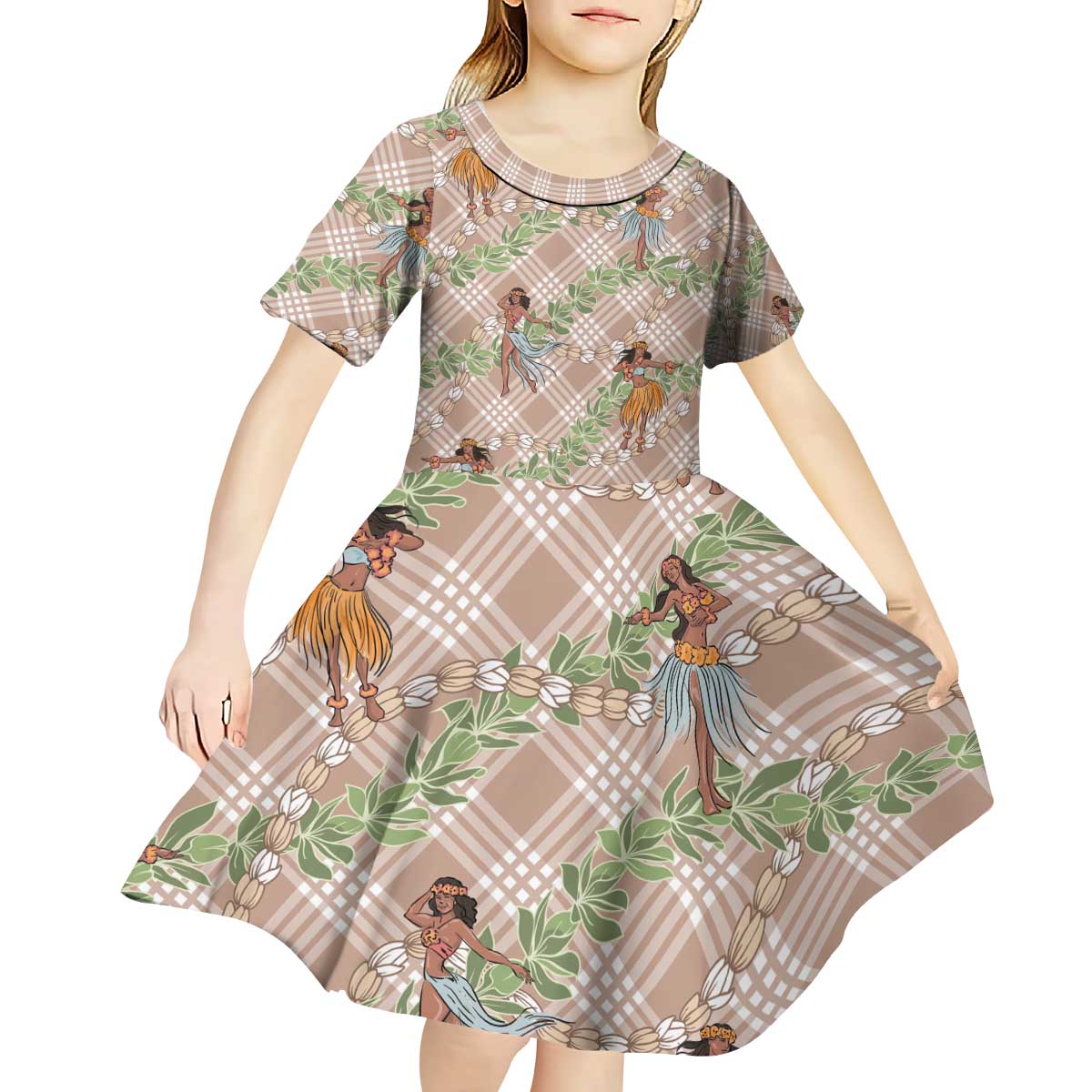 Beige Palaka Hula Girls Seamless Hawaii Aloha Kid Short Sleeve Dress - Polynesian Pride