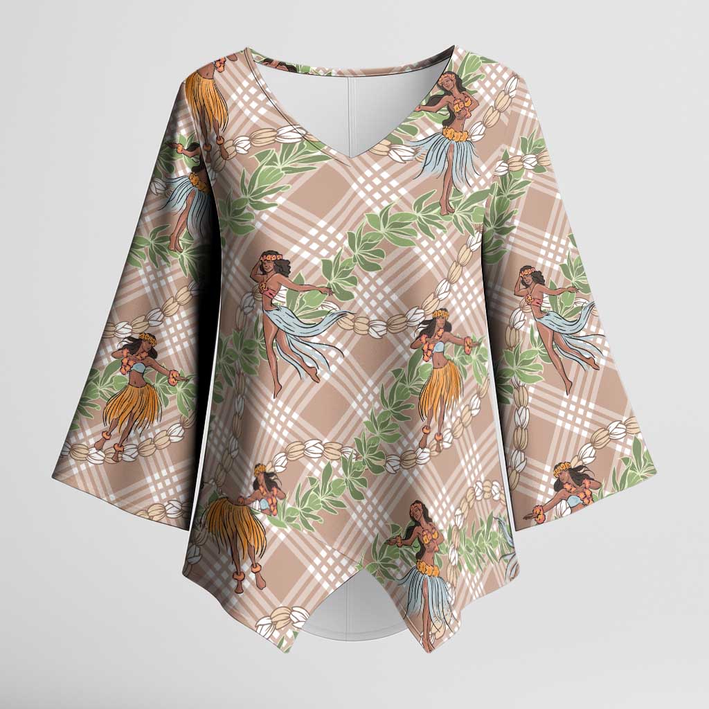 Beige Palaka Hula Girls Seamless Hawaii Aloha Kimono Sleeve Blouse - Polynesian Pride