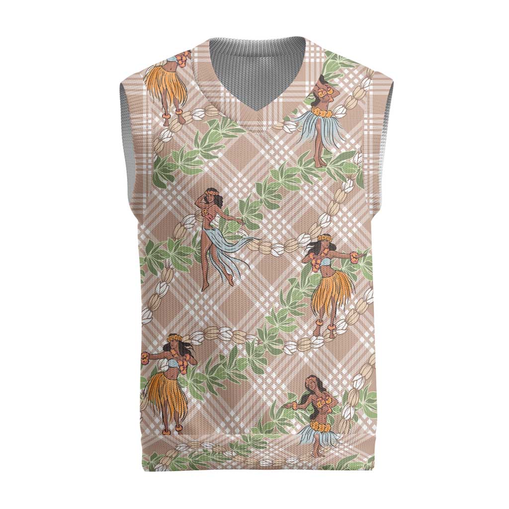 Beige Palaka Hula Girls Seamless Hawaii Aloha Christmas Knitted V-Neck Vest - Polynesian Pride