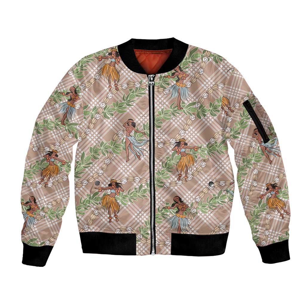Beige Palaka Hula Girls Seamless Hawaii Aloha Sleeve Zip Bomber Jacket - Polynesian Pride