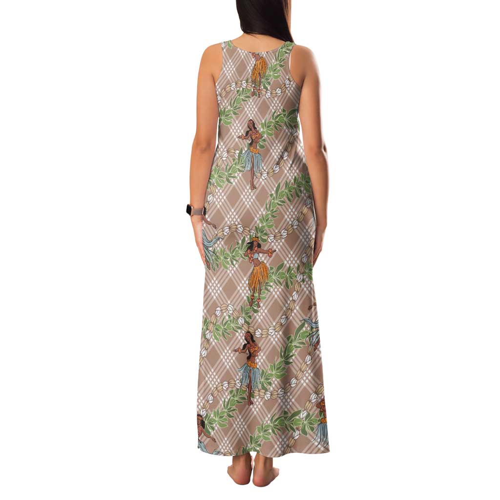 Beige Palaka Hula Girls Seamless Hawaii Aloha Tank Maxi Dress - Polynesian Pride