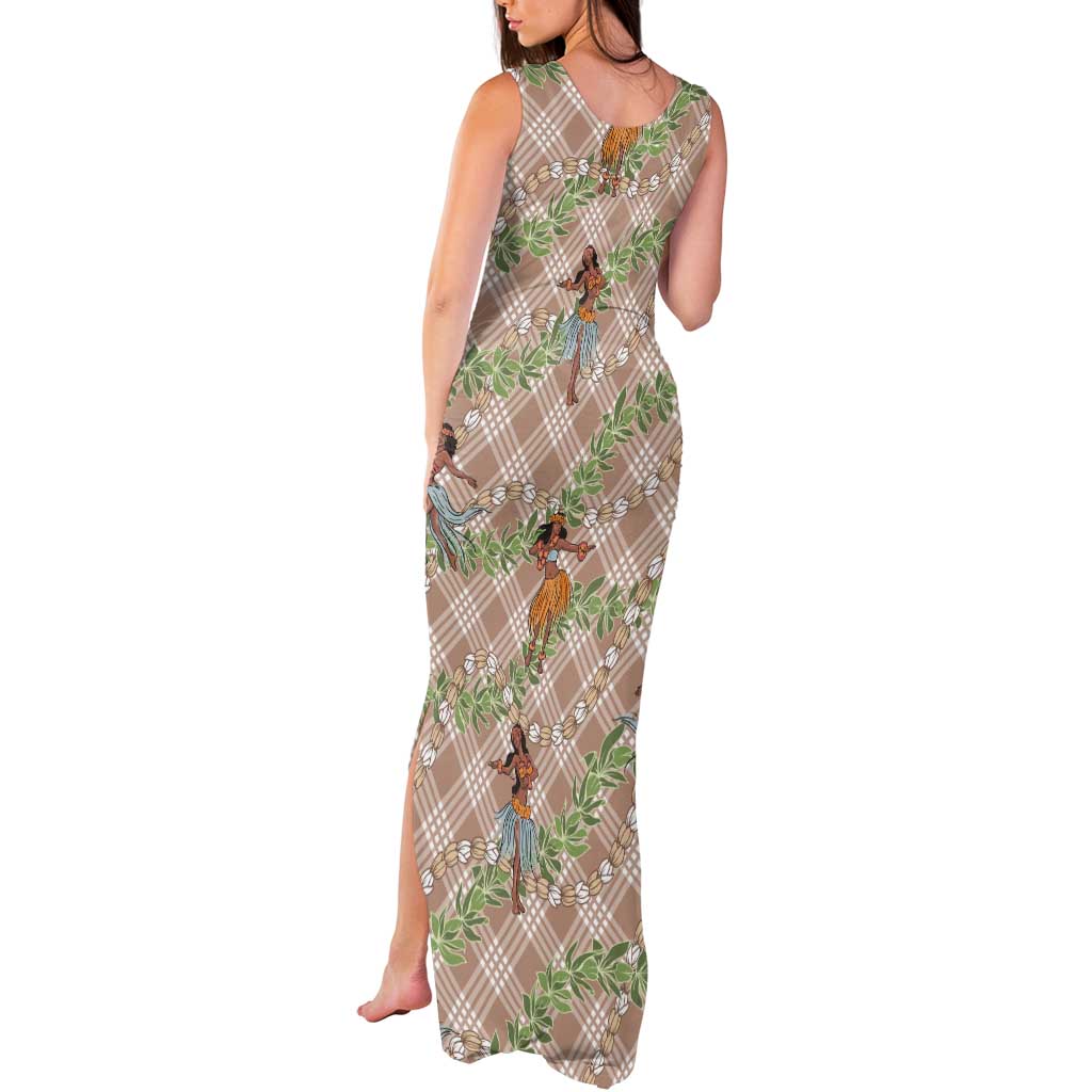 Beige Palaka Hula Girls Seamless Hawaii Aloha Tank Maxi Dress - Polynesian Pride