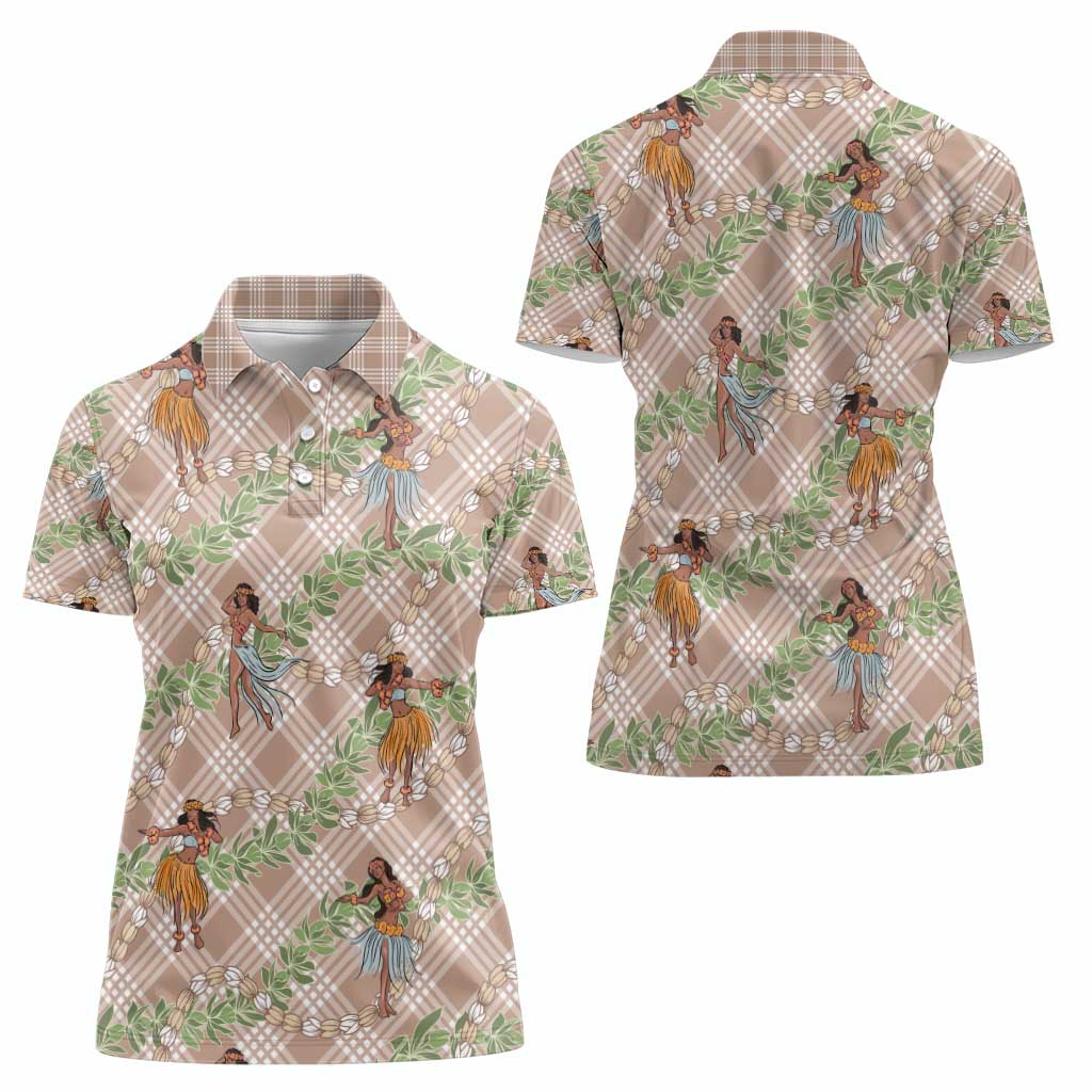 Beige Palaka Hula Girls Seamless Hawaii Aloha Women Polo Shirt - Polynesian Pride