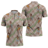 Beige Palaka Hula Girls Seamless Hawaii Aloha Zipper Polo Shirt - Polynesian Pride