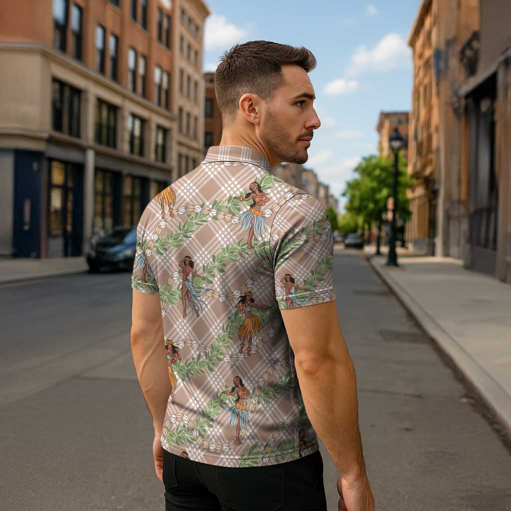 Beige Palaka Hula Girls Seamless Hawaii Aloha Zipper Polo Shirt - Polynesian Pride