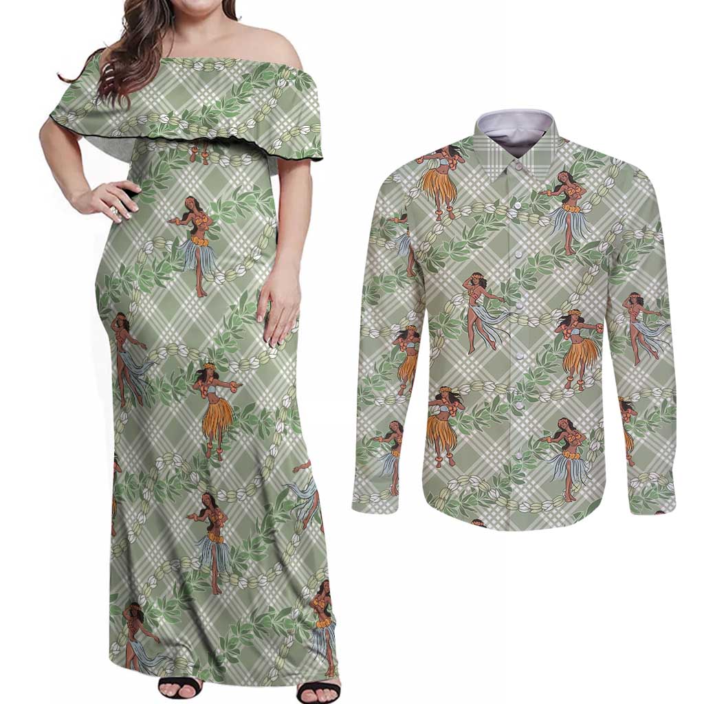 Mint Palaka Hula Girls Seamless Hawaii Aloha Couples Matching Off Shoulder Maxi Dress and Long Sleeve Button Shirt - Polynesian Pride