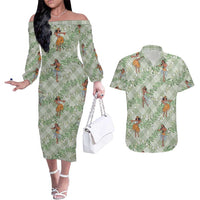 Mint Palaka Hula Girls Seamless Hawaii Aloha Couples Matching Off The Shoulder Long Sleeve Dress and Hawaiian Shirt - Polynesian Pride