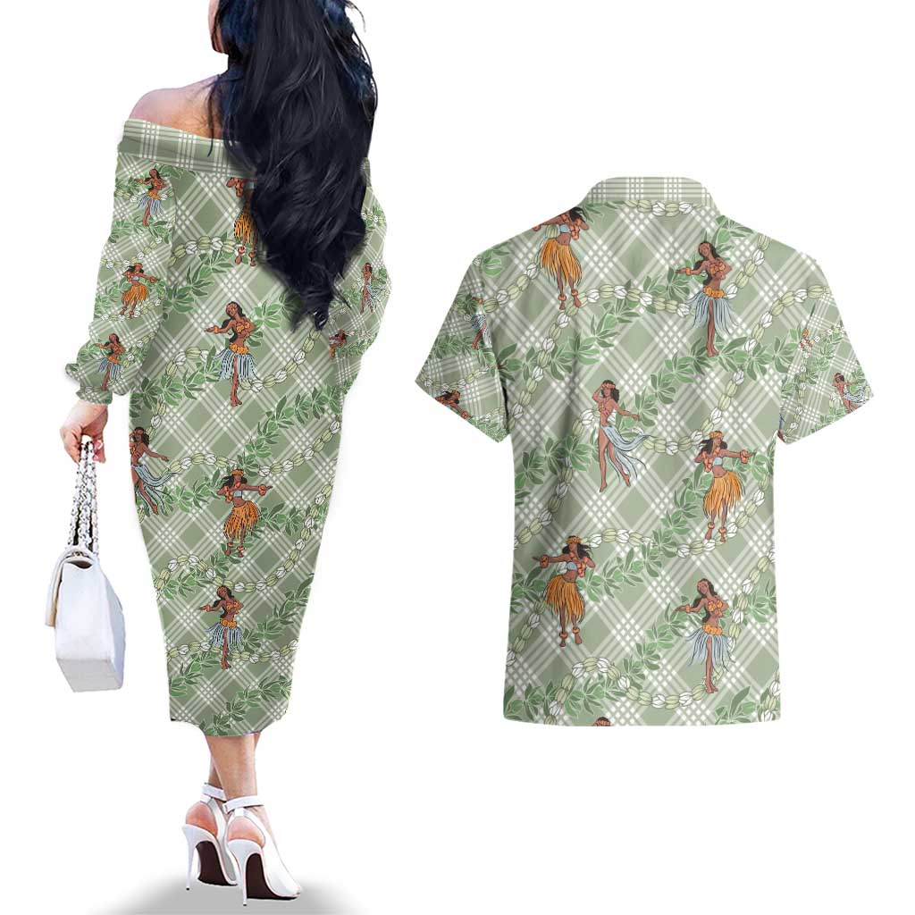 Mint Palaka Hula Girls Seamless Hawaii Aloha Couples Matching Off The Shoulder Long Sleeve Dress and Hawaiian Shirt - Polynesian Pride