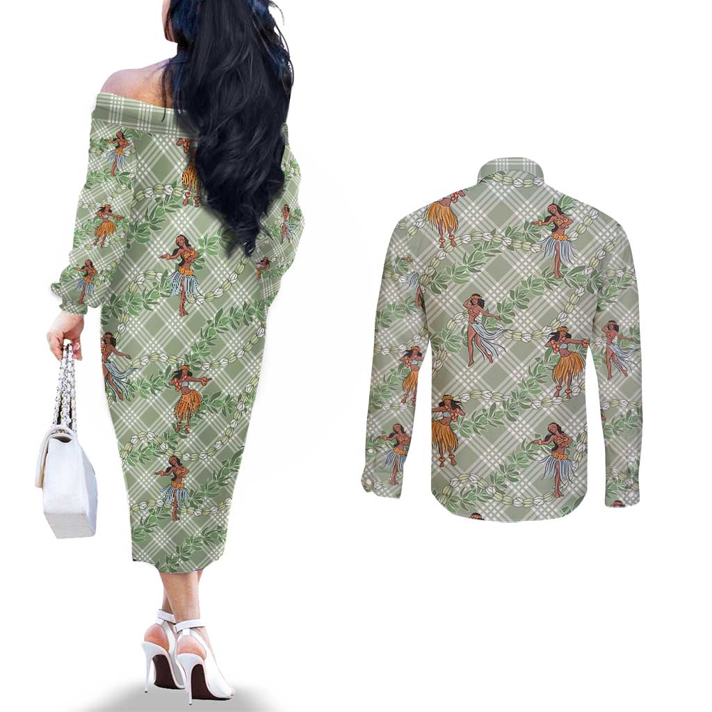 Mint Palaka Hula Girls Seamless Hawaii Aloha Couples Matching Off The Shoulder Long Sleeve Dress and Long Sleeve Button Shirt - Polynesian Pride