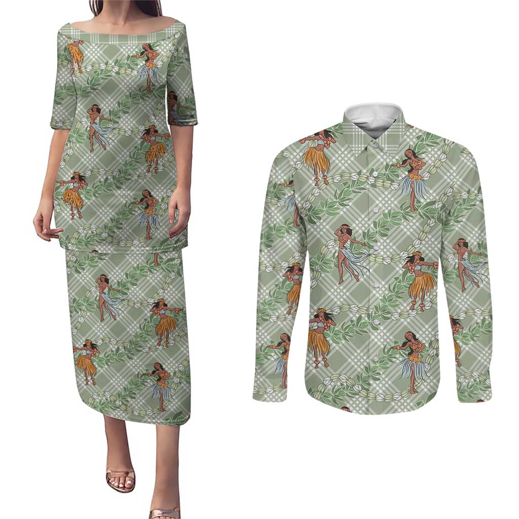 Mint Palaka Hula Girls Seamless Hawaii Aloha Couples Matching Puletasi and Long Sleeve Button Shirt - Polynesian Pride