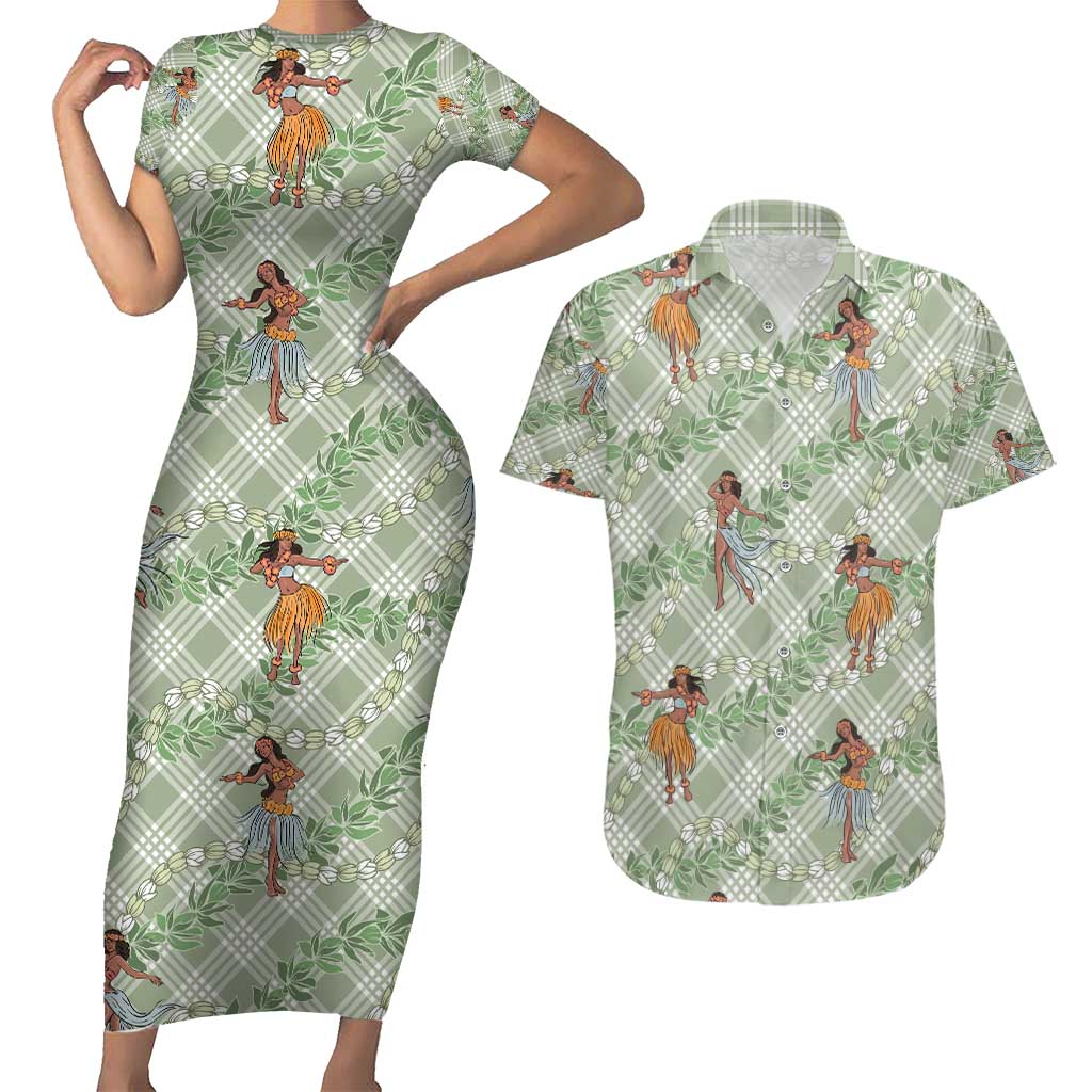 Mint Palaka Hula Girls Seamless Hawaii Aloha Couples Matching Short Sleeve Bodycon Dress and Hawaiian Shirt - Polynesian Pride