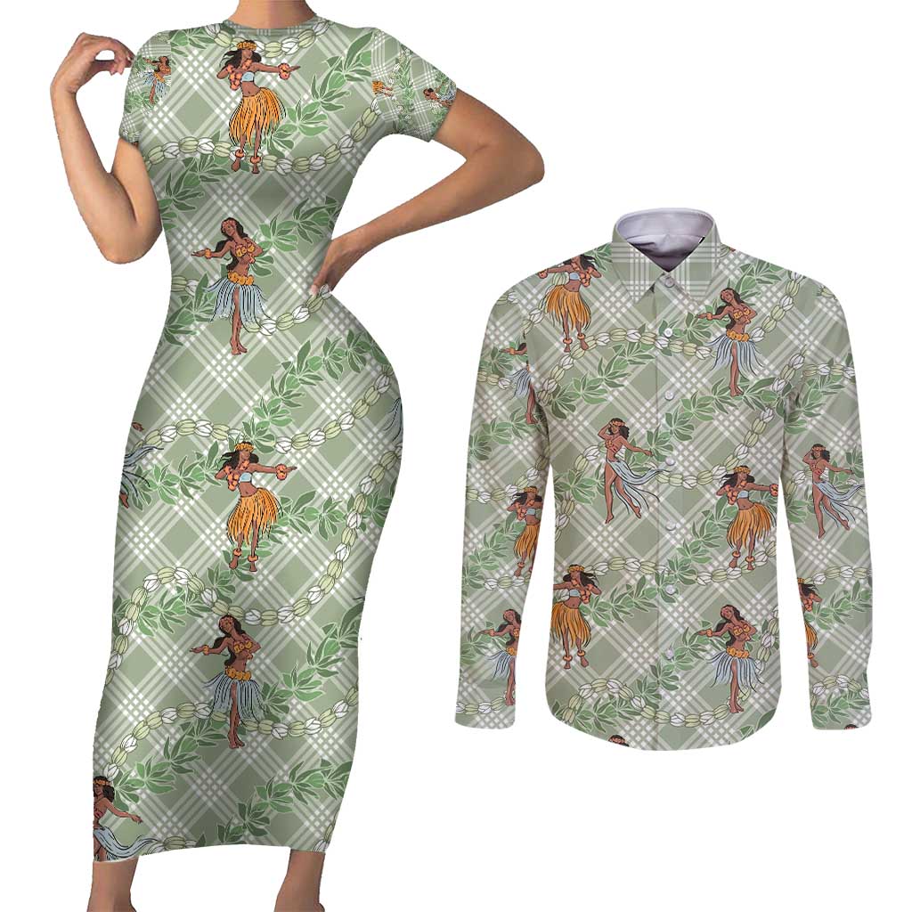 Mint Palaka Hula Girls Seamless Hawaii Aloha Couples Matching Short Sleeve Bodycon Dress and Long Sleeve Button Shirt - Polynesian Pride