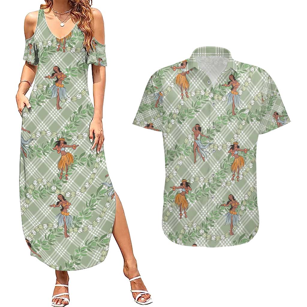 Mint Palaka Hula Girls Seamless Hawaii Aloha Couples Matching Summer Maxi Dress and Hawaiian Shirt - Polynesian Pride