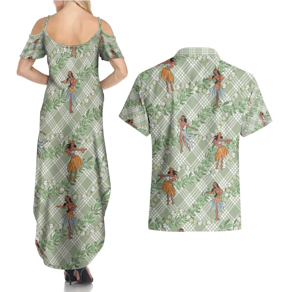 Mint Palaka Hula Girls Seamless Hawaii Aloha Couples Matching Summer Maxi Dress and Hawaiian Shirt - Polynesian Pride