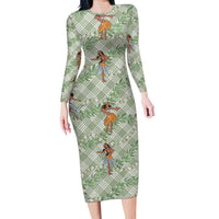 Mint Palaka Hula Girls Seamless Hawaii Aloha Family Matching Long Sleeve Bodycon Dress and Hawaiian Shirt - Polynesian Pride