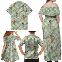 Mint Palaka Hula Girls Seamless Hawaii Aloha Family Matching Off Shoulder Maxi Dress and Hawaiian Shirt - Polynesian Pride