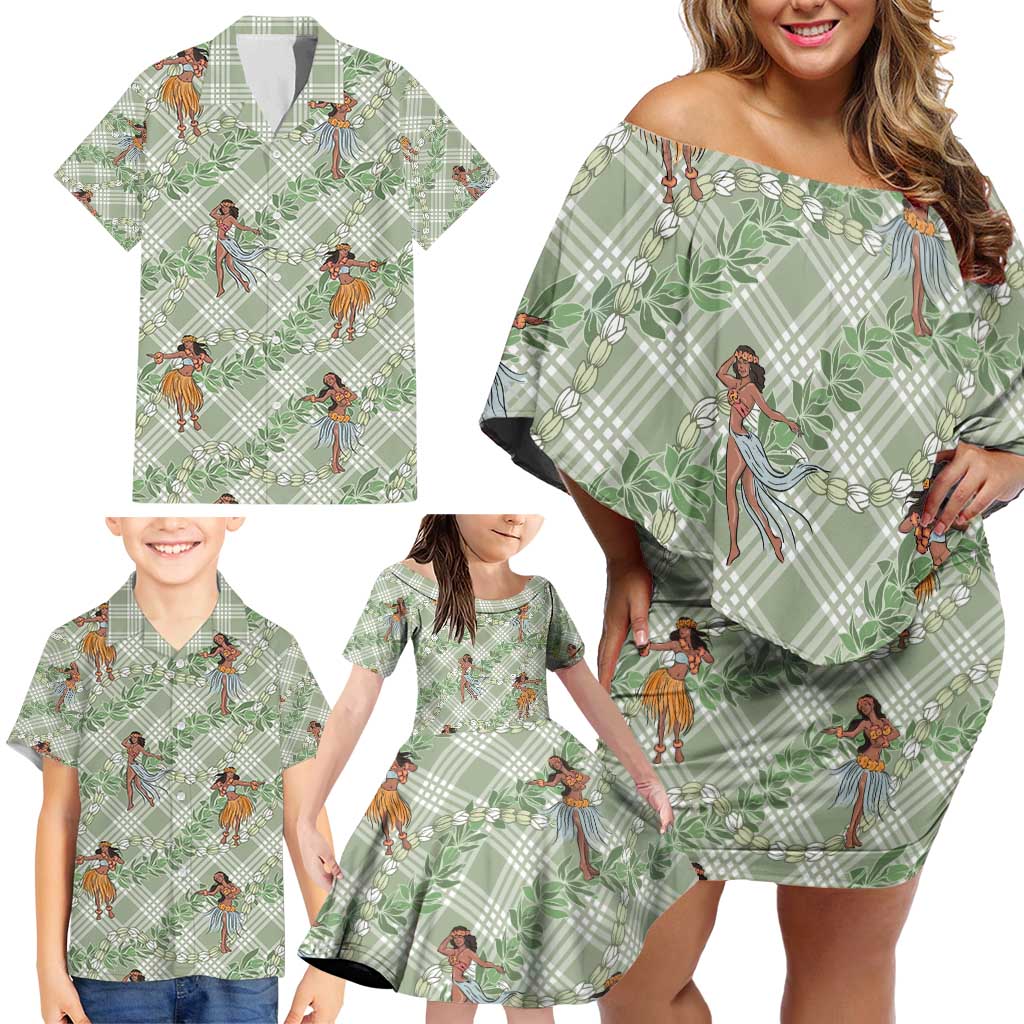 Mint Palaka Hula Girls Seamless Hawaii Aloha Family Matching Off Shoulder Short Dress and Hawaiian Shirt - Polynesian Pride
