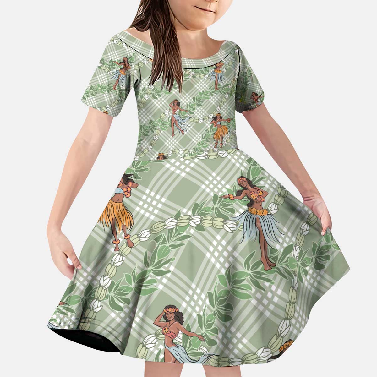 Mint Palaka Hula Girls Seamless Hawaii Aloha Kid Short Sleeve Dress - Polynesian Pride