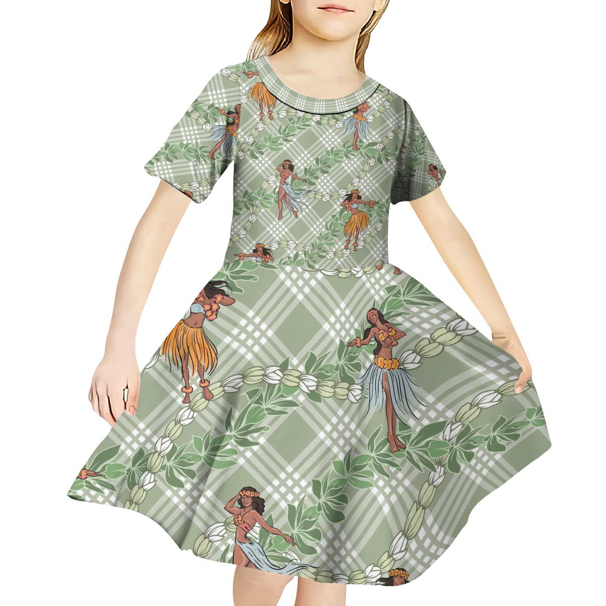 Mint Palaka Hula Girls Seamless Hawaii Aloha Kid Short Sleeve Dress - Polynesian Pride