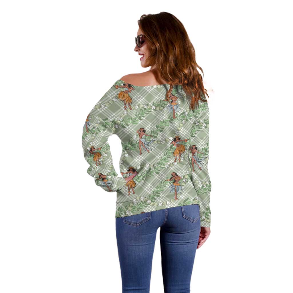 Mint Palaka Hula Girls Seamless Hawaii Aloha Off Shoulder Sweater - Polynesian Pride