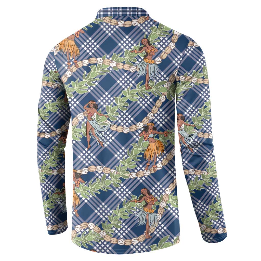 Navy Blue Palaka Hula Girls Seamless Hawaii Aloha Button Sweatshirt - Polynesian Pride