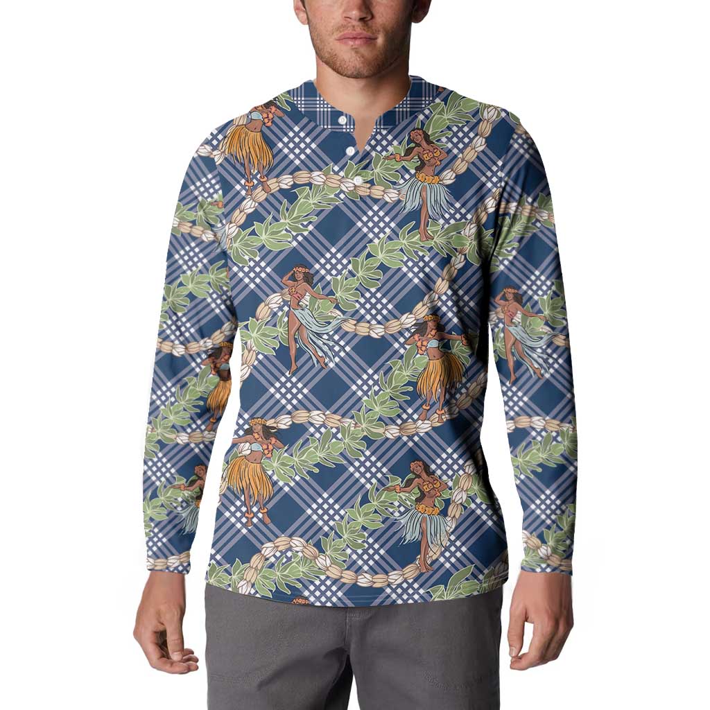 Navy Blue Palaka Hula Girls Seamless Hawaii Aloha Button Sweatshirt - Polynesian Pride