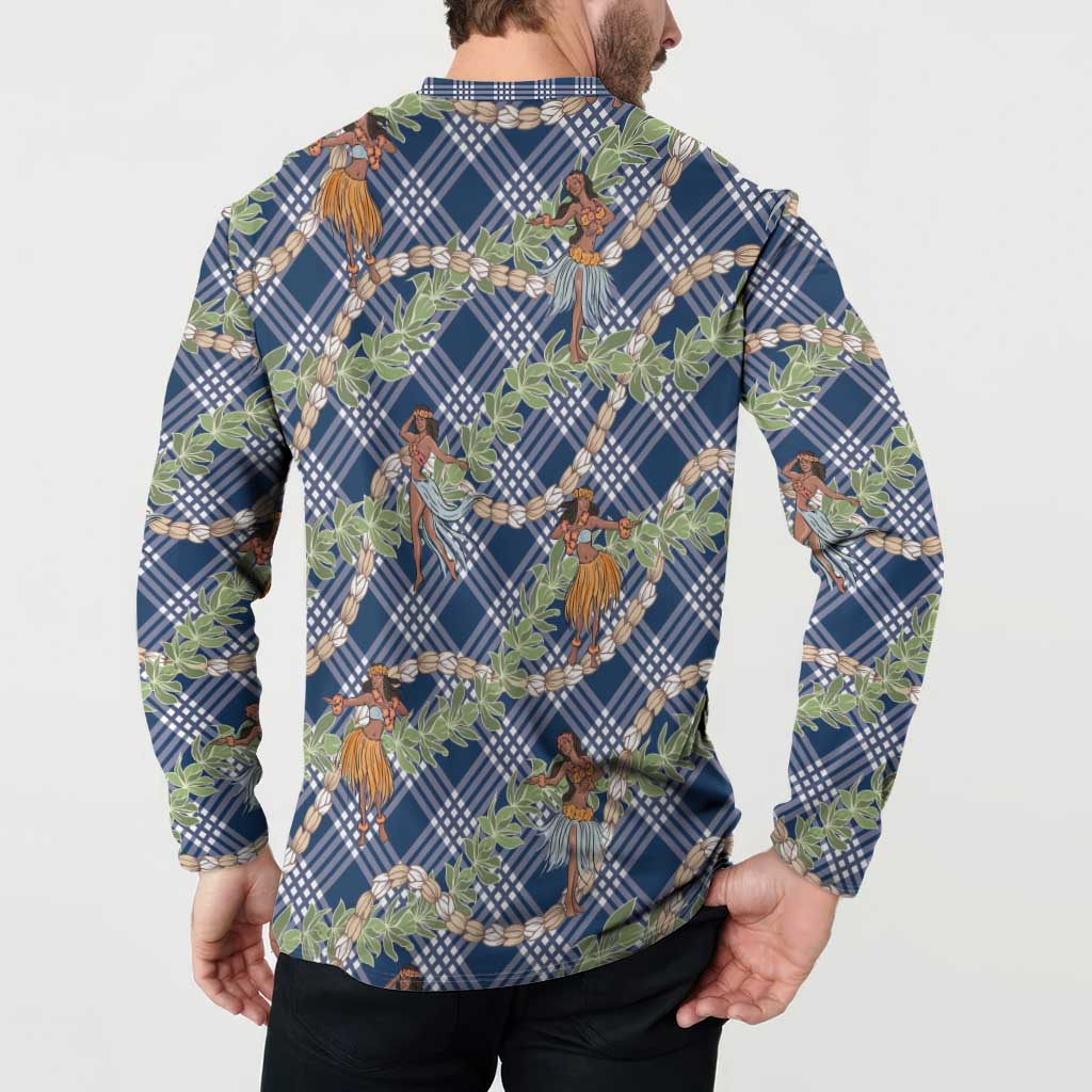 Navy Blue Palaka Hula Girls Seamless Hawaii Aloha Button Sweatshirt - Polynesian Pride