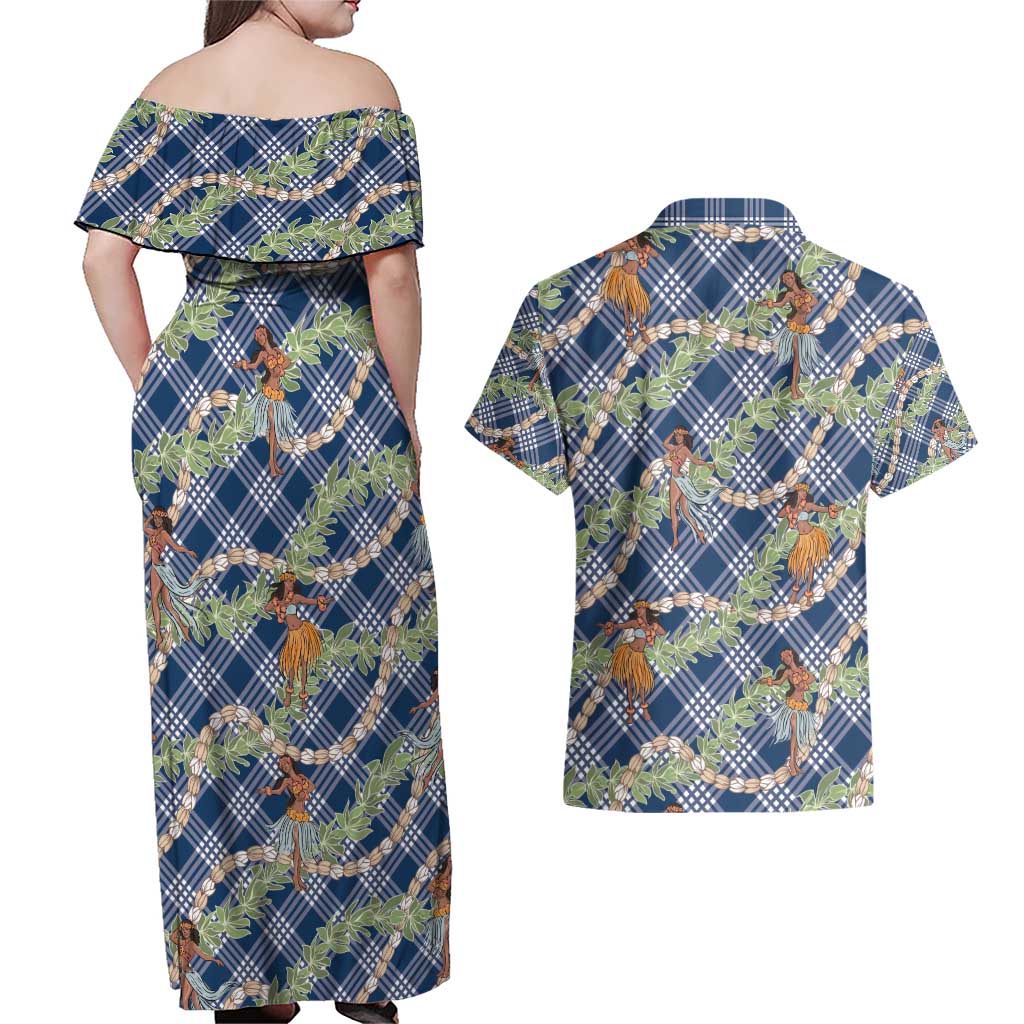 Navy Blue Palaka Hula Girls Seamless Hawaii Aloha Couples Matching Off Shoulder Maxi Dress and Hawaiian Shirt - Polynesian Pride