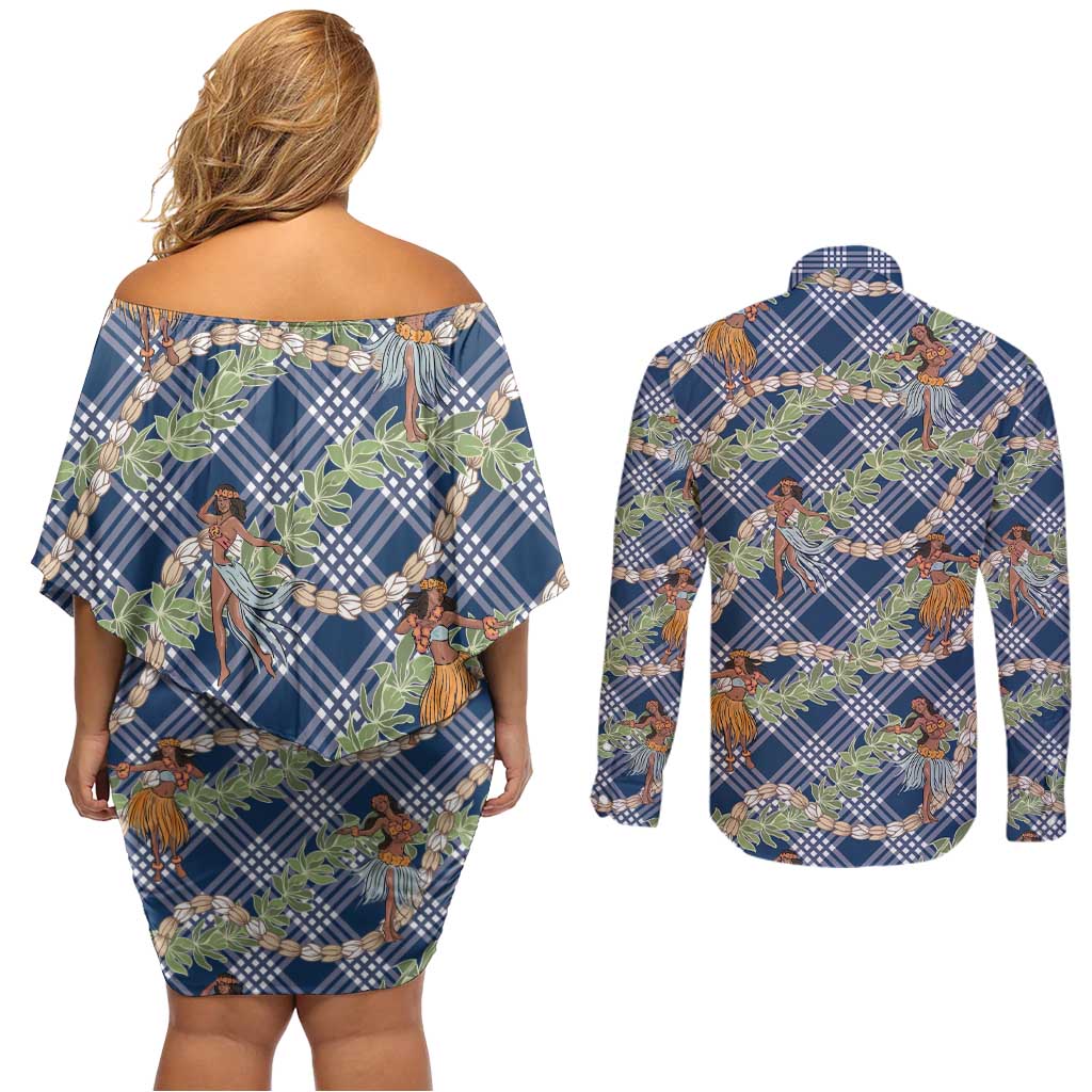 Navy Blue Palaka Hula Girls Seamless Hawaii Aloha Couples Matching Off Shoulder Short Dress and Long Sleeve Button Shirt - Polynesian Pride