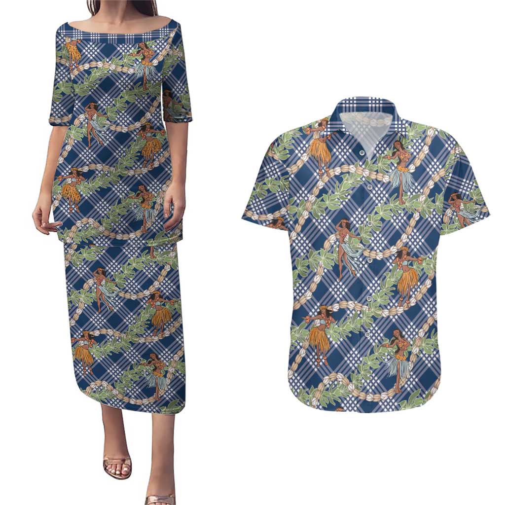Navy Blue Palaka Hula Girls Seamless Hawaii Aloha Couples Matching Puletasi and Hawaiian Shirt - Polynesian Pride