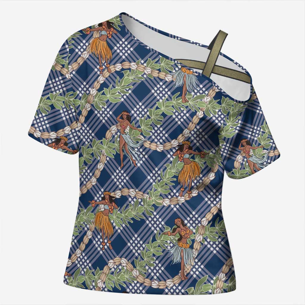 Navy Blue Palaka Hula Girls Seamless Hawaii Aloha Cross Shoulder Shirt - Polynesian Pride