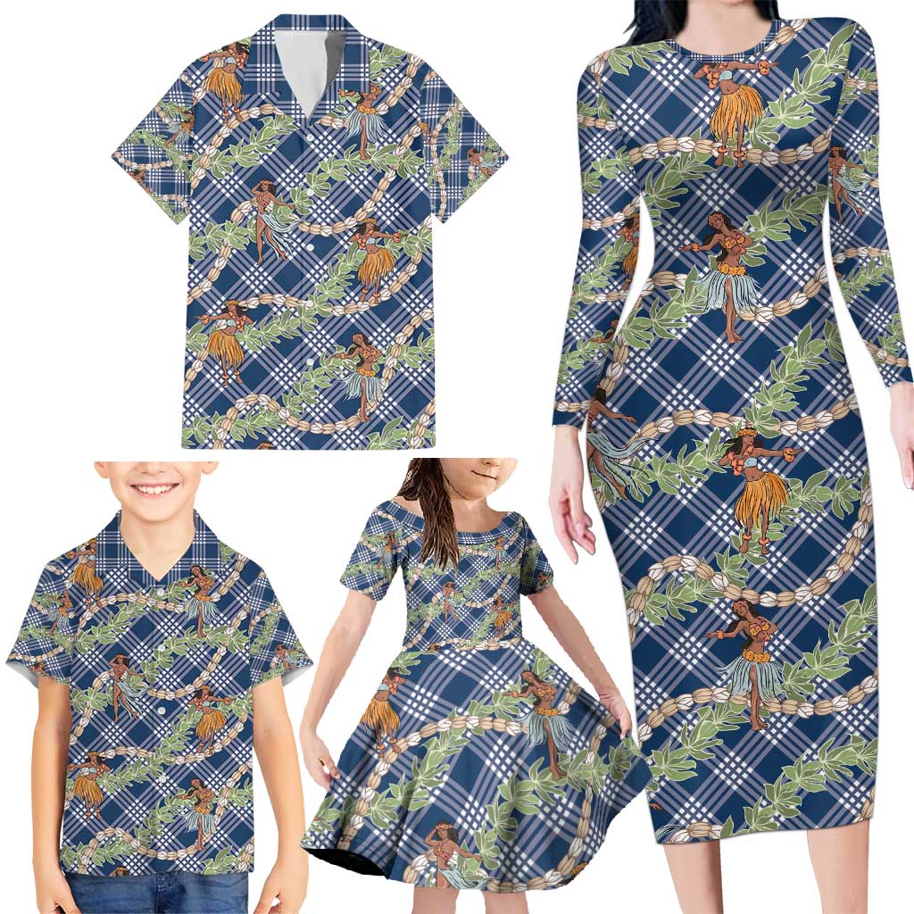 Navy Blue Palaka Hula Girls Seamless Hawaii Aloha Family Matching Long Sleeve Bodycon Dress and Hawaiian Shirt - Polynesian Pride