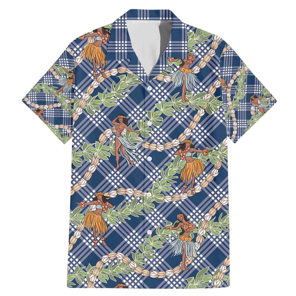 Navy Blue Palaka Hula Girls Seamless Hawaii Aloha Family Matching Mermaid Dress and Hawaiian Shirt - Polynesian Pride