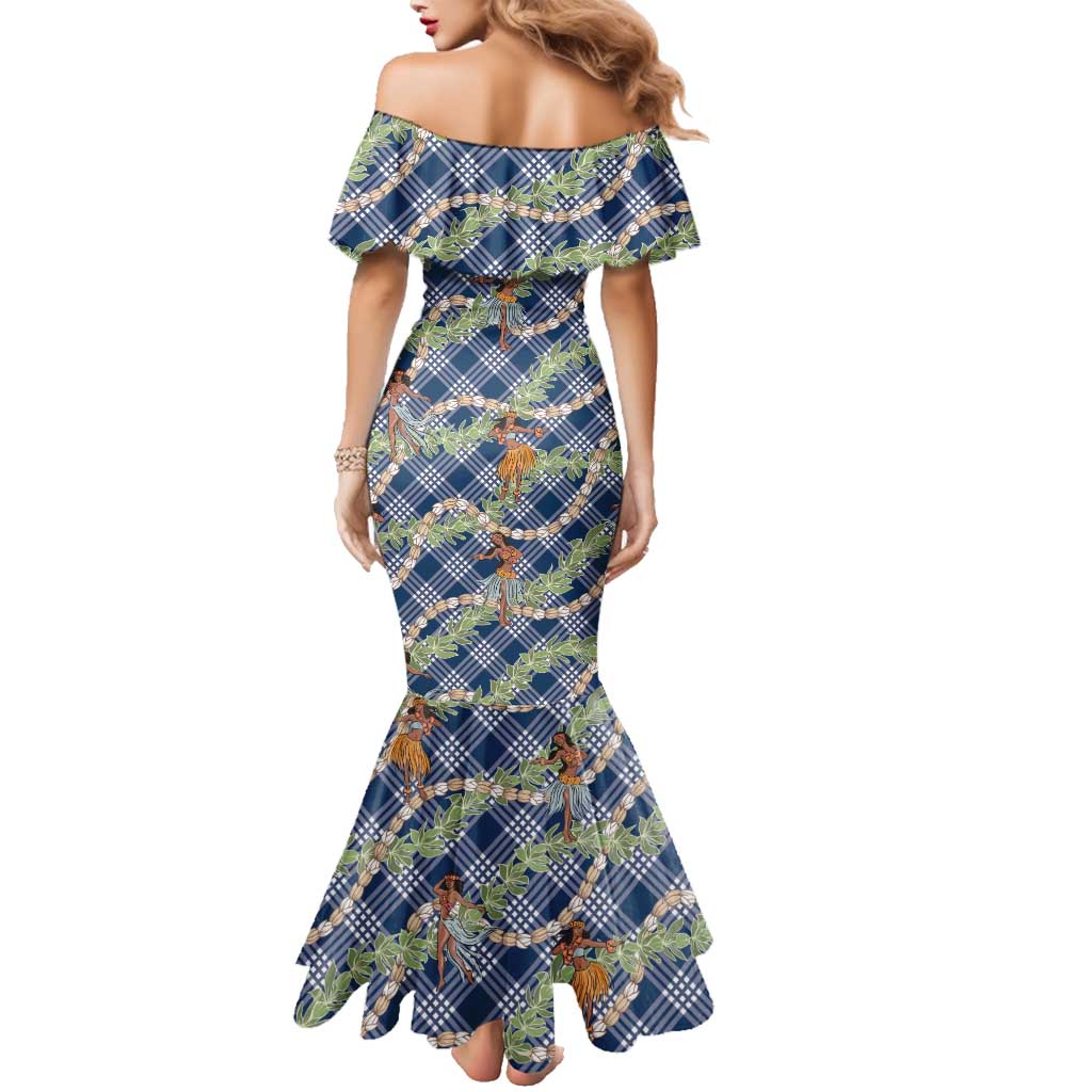 Navy Blue Palaka Hula Girls Seamless Hawaii Aloha Family Matching Mermaid Dress and Hawaiian Shirt - Polynesian Pride