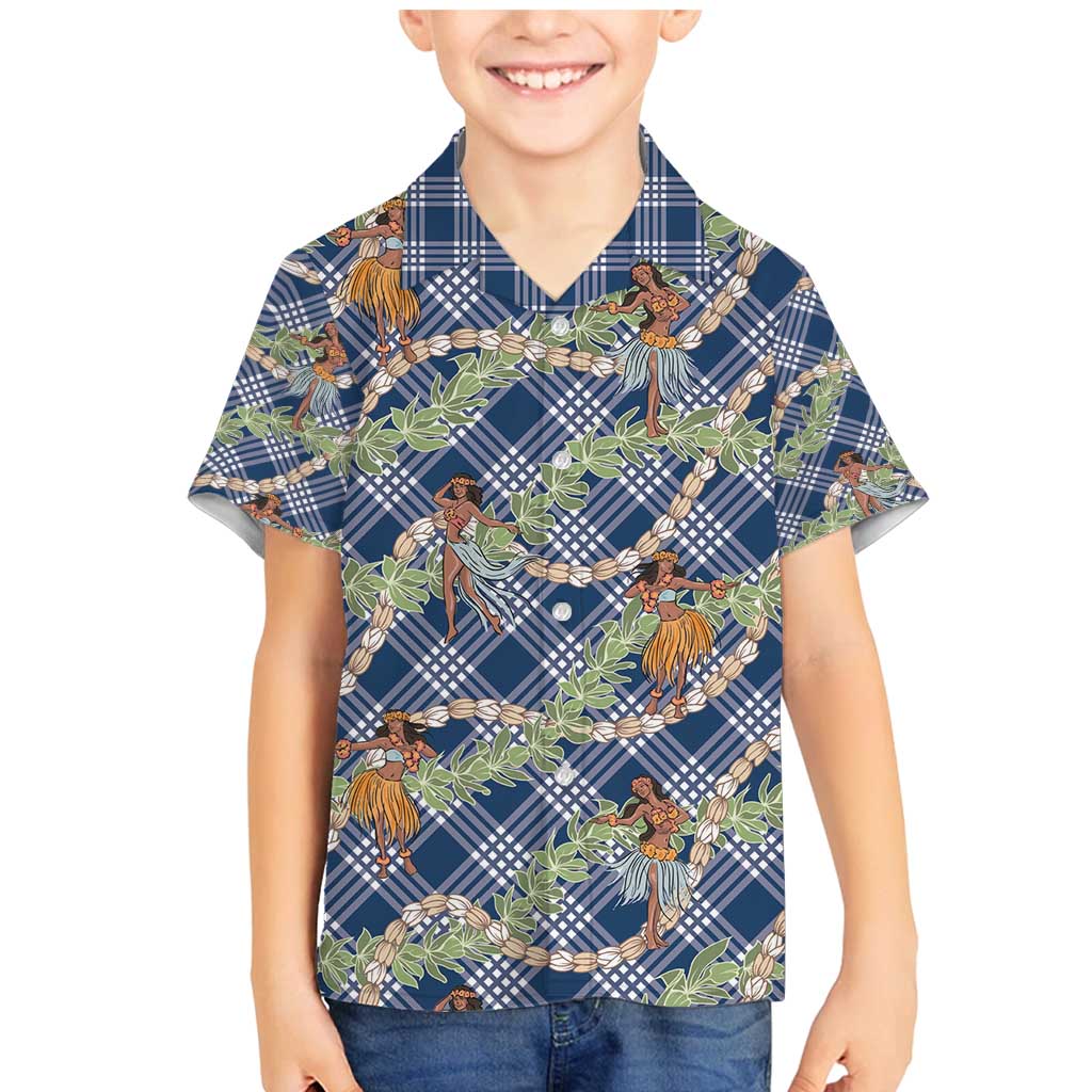 Navy Blue Palaka Hula Girls Seamless Hawaii Aloha Family Matching Mermaid Dress and Hawaiian Shirt - Polynesian Pride