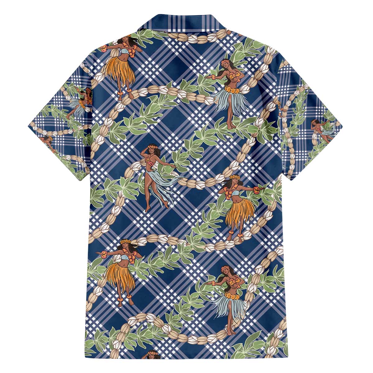 Navy Blue Palaka Hula Girls Seamless Hawaii Aloha Family Matching Off The Shoulder Long Sleeve Dress and Hawaiian Shirt - Polynesian Pride