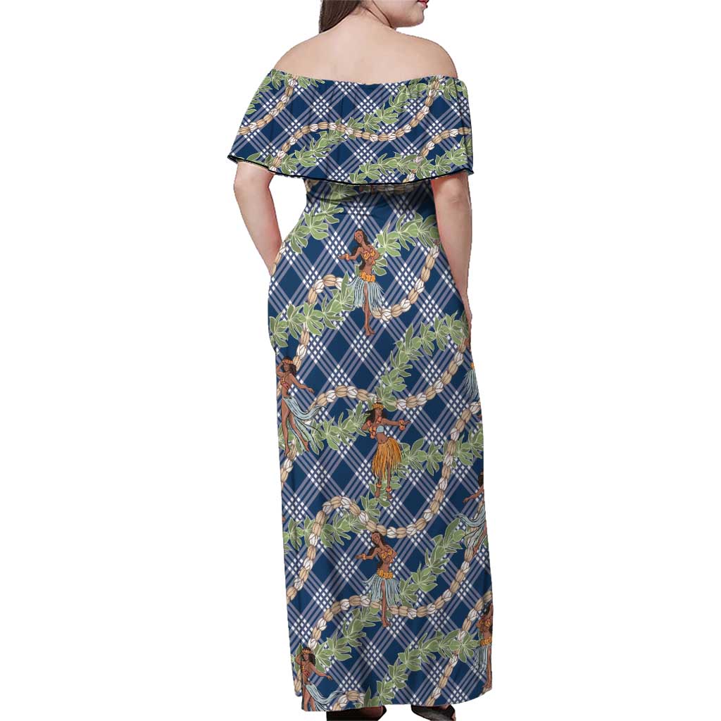 Navy Blue Palaka Hula Girls Seamless Hawaii Aloha Family Matching Off Shoulder Maxi Dress and Hawaiian Shirt - Polynesian Pride