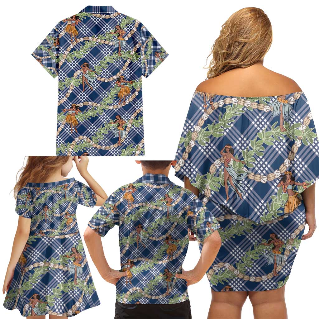 Navy Blue Palaka Hula Girls Seamless Hawaii Aloha Family Matching Off Shoulder Short Dress and Hawaiian Shirt - Polynesian Pride