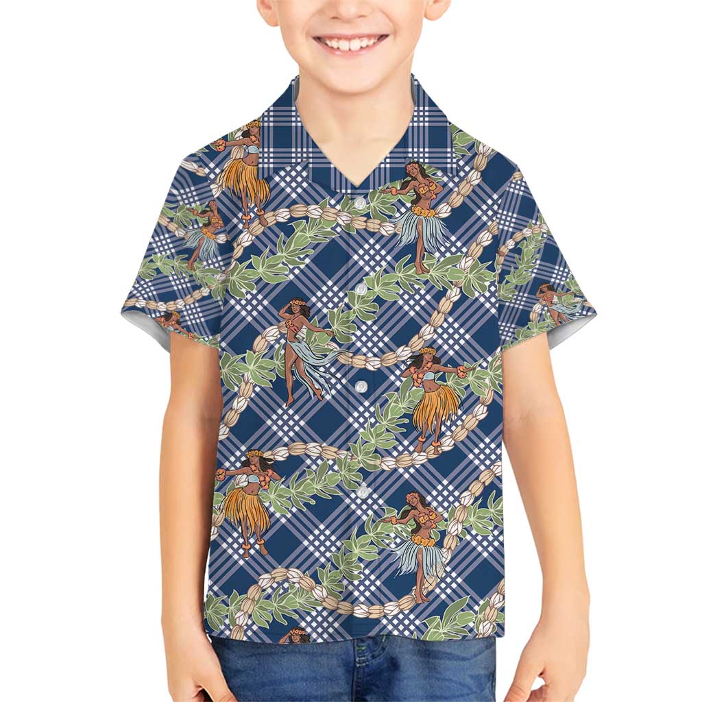 Navy Blue Palaka Hula Girls Seamless Hawaii Aloha Family Matching Off Shoulder Short Dress and Hawaiian Shirt - Polynesian Pride