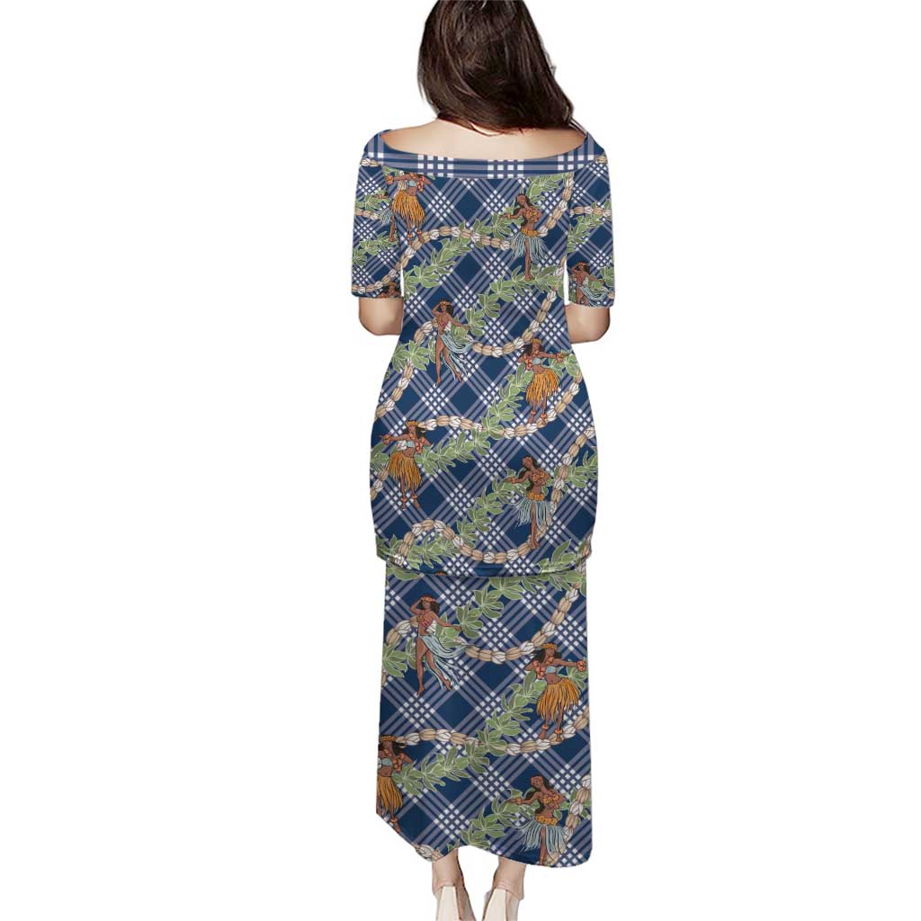 Navy Blue Palaka Hula Girls Seamless Hawaii Aloha Family Matching Puletasi and Hawaiian Shirt - Polynesian Pride