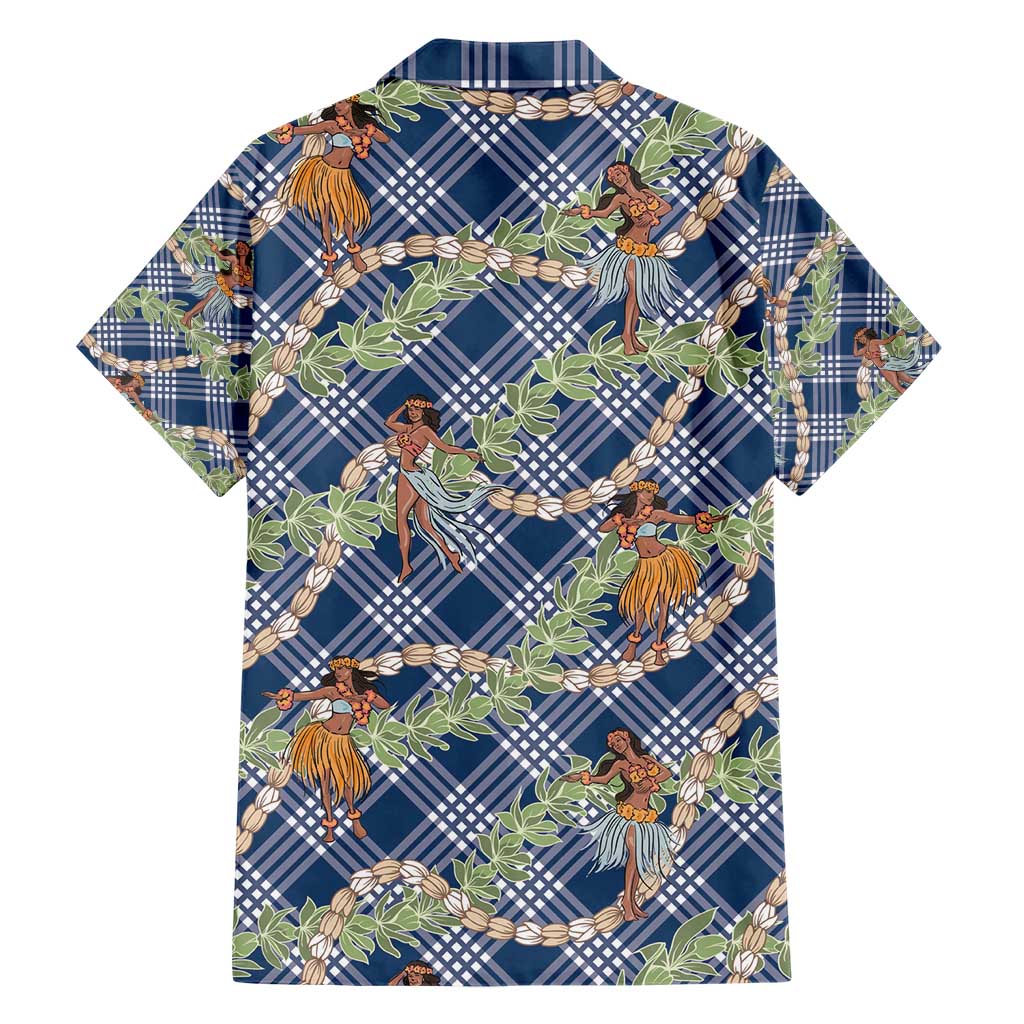 Navy Blue Palaka Hula Girls Seamless Hawaii Aloha Family Matching Short Sleeve Bodycon Dress and Hawaiian Shirt - Polynesian Pride