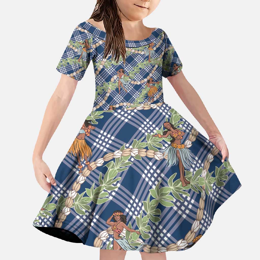 Navy Blue Palaka Hula Girls Seamless Hawaii Aloha Family Matching Summer Maxi Dress and Hawaiian Shirt - Polynesian Pride