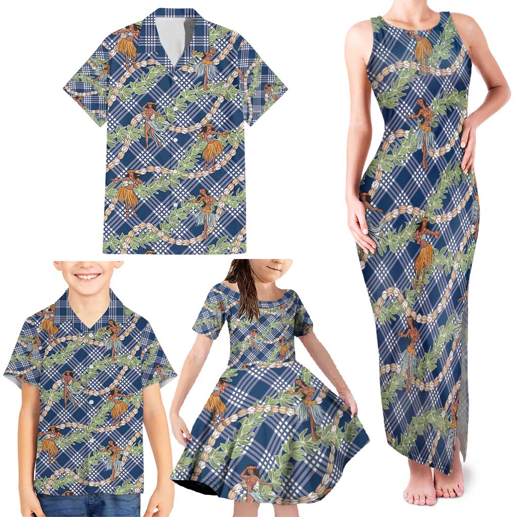 Navy Blue Palaka Hula Girls Seamless Hawaii Aloha Family Matching Tank Maxi Dress and Hawaiian Shirt - Polynesian Pride