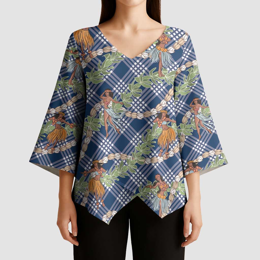 Navy Blue Palaka Hula Girls Seamless Hawaii Aloha Kimono Sleeve Blouse - Polynesian Pride